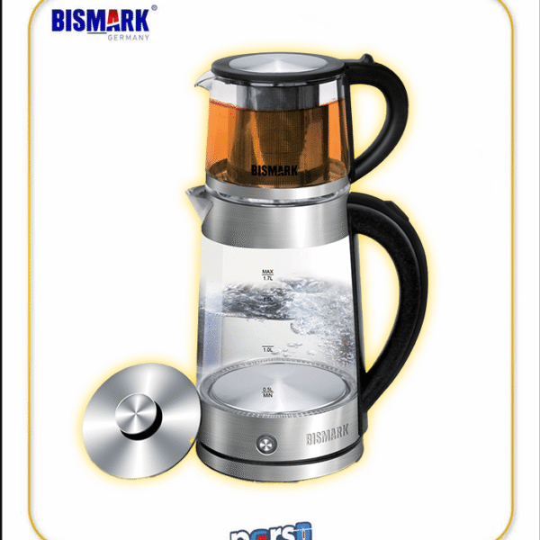 چای‌ساز بیسمارک مدل BM-2282 با طراحی شیشه‌ای و پایه استیل ضدزنگ
